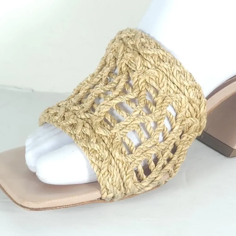 Vicenza Anthropologie Women's US6 Tan Woven Raffia Block Heel Slide Sandals
